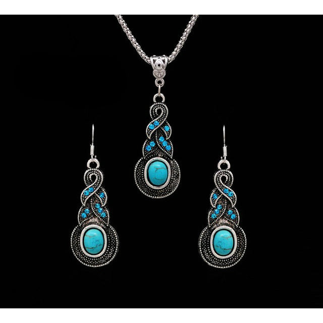 Necklace Earrings Women Ethnic Blue Crystal Tibetan Silver Pendant Necklace Earrings Turquoise Jewelry Sets Image 1