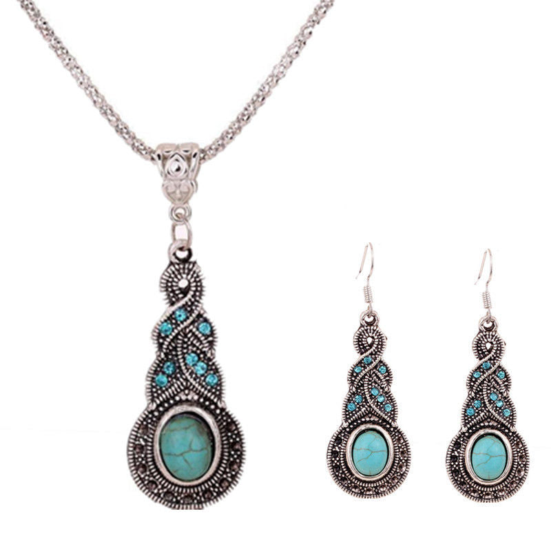 Necklace Earrings Women Ethnic Blue Crystal Tibetan Silver Pendant Necklace Earrings Turquoise Jewelry Sets Image 2