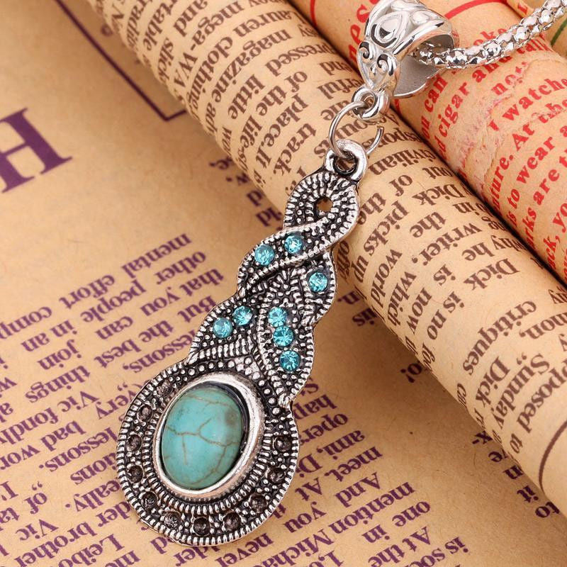 Necklace Earrings Women Ethnic Blue Crystal Tibetan Silver Pendant Necklace Earrings Turquoise Jewelry Sets Image 3