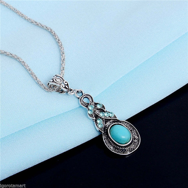 Necklace Earrings Women Ethnic Blue Crystal Tibetan Silver Pendant Necklace Earrings Turquoise Jewelry Sets Image 4