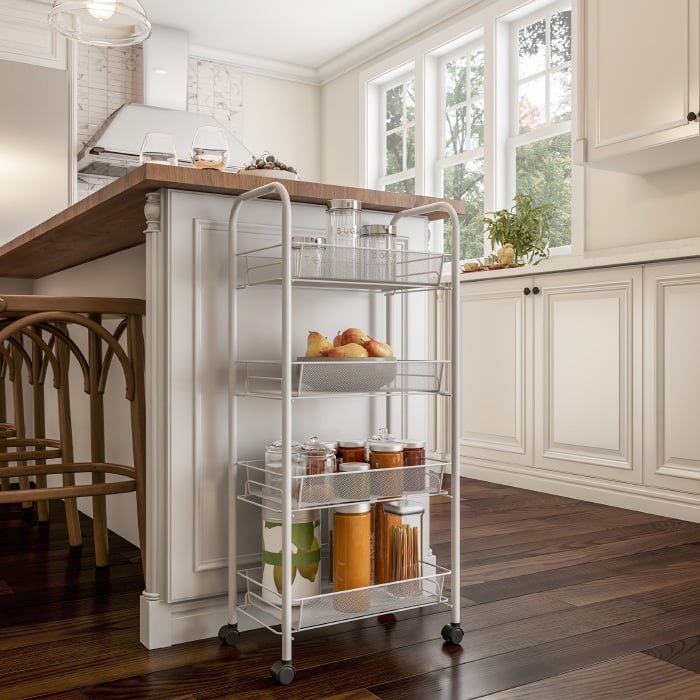 4-Tiered Narrow Rolling Storage Shelves - Mobile Space Saving Utility Organizer Cart for Kitchen, Bathroom, Laundry, Image 1