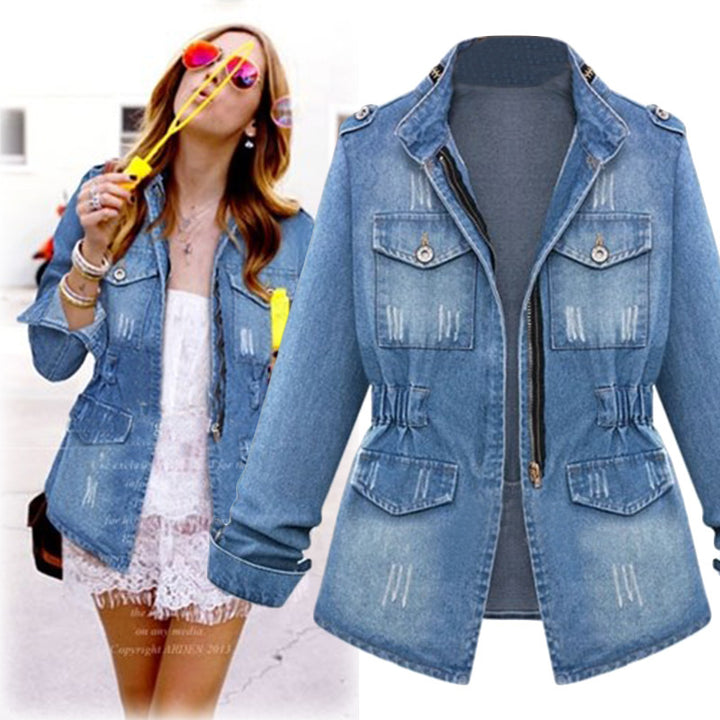 Denim Military Style Jacket with Flattering Waist-Cinch Image 1