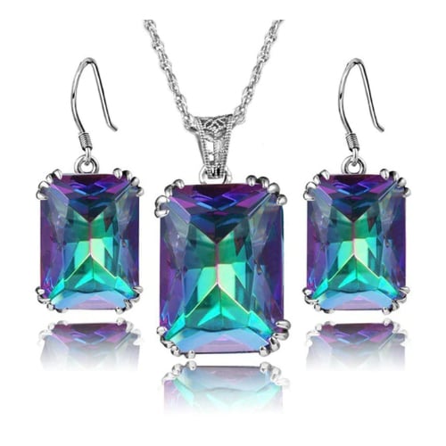 Rhodium Filled High Polish Finsh Lab Created Emerald Cut Multi-color Drop Earrings Set Image 1