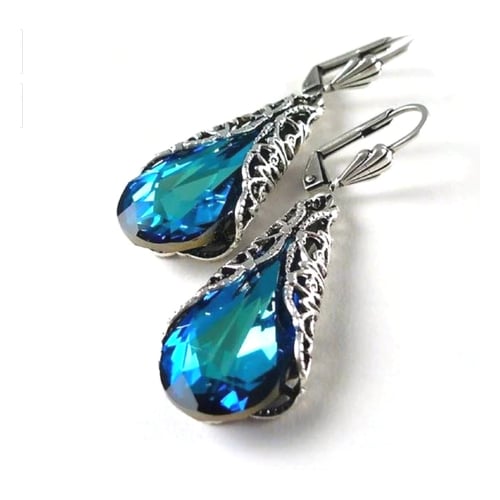 Rhodium Filled High Polish Finsh Blue Stone Hollow Out Silver Water drop Drop Earring Image 1