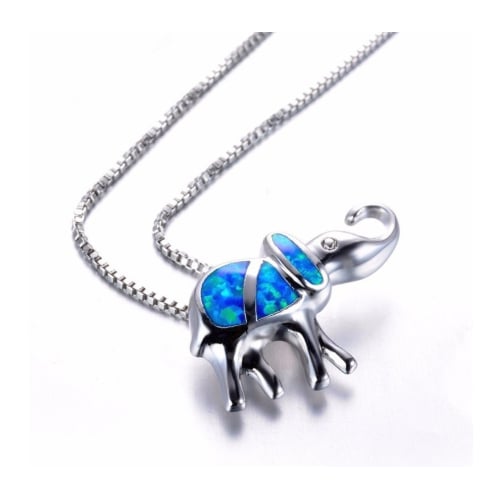 Rhodium Filled High Polish Finsh Blue Fire Opal Elephant Pendants Necklaces Image 2