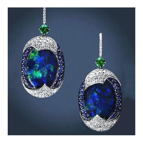 Rhodium Filled High Polish Finsh Oval Blue Opal White Cubic Zirconia Dangle Earrings Image 1