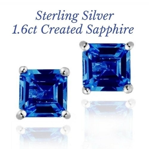 Sterling Silver 1.6 Created Sapphire Square Shape Stud Earring Image 1