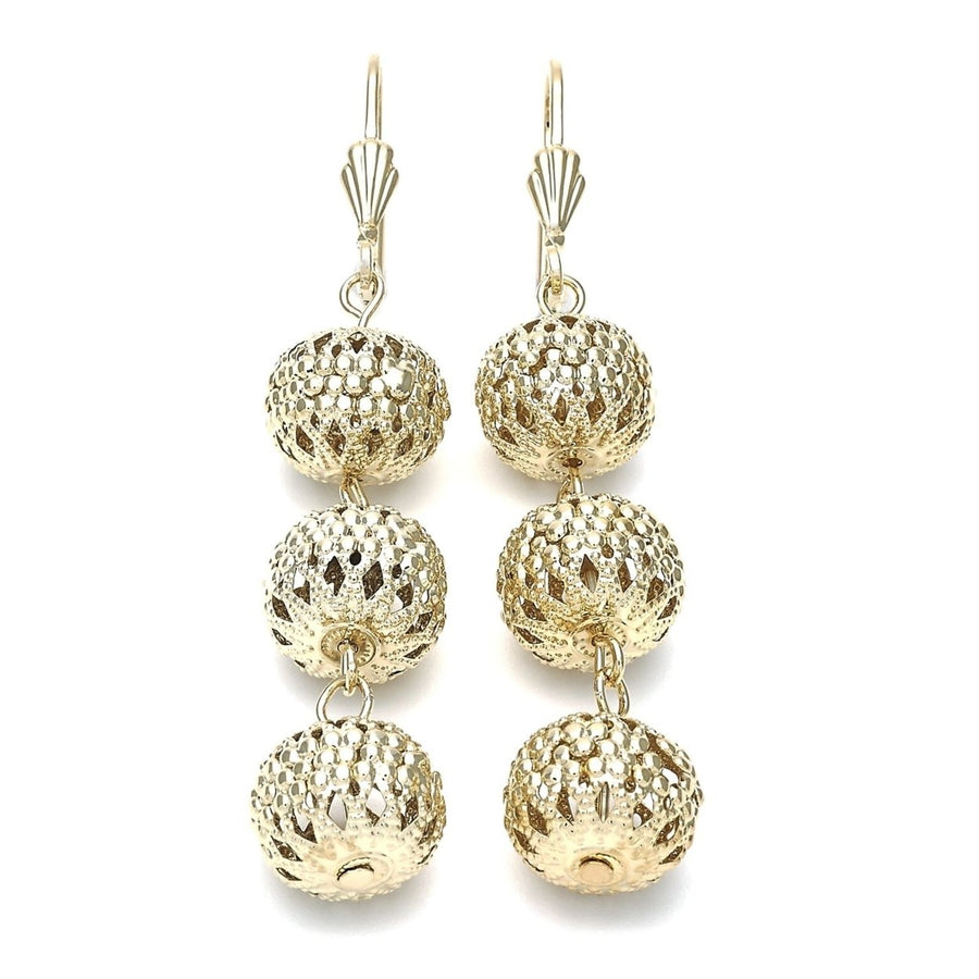 14k Gold Filled Long Earring Elegant Ball Design Golden Tone Image 1