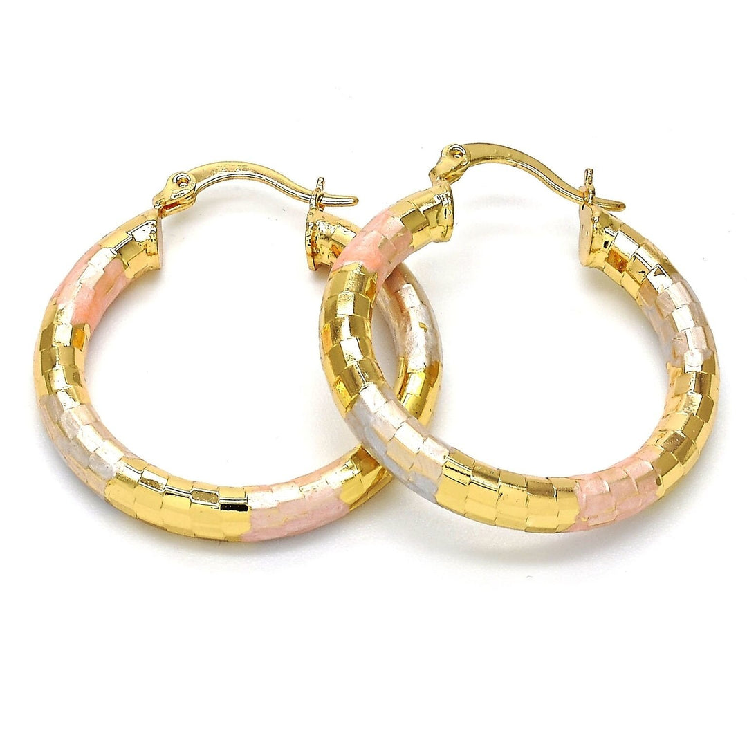 Gold Filled Medium Hoop Hollow Design Disco Style Tri Tone Image 1