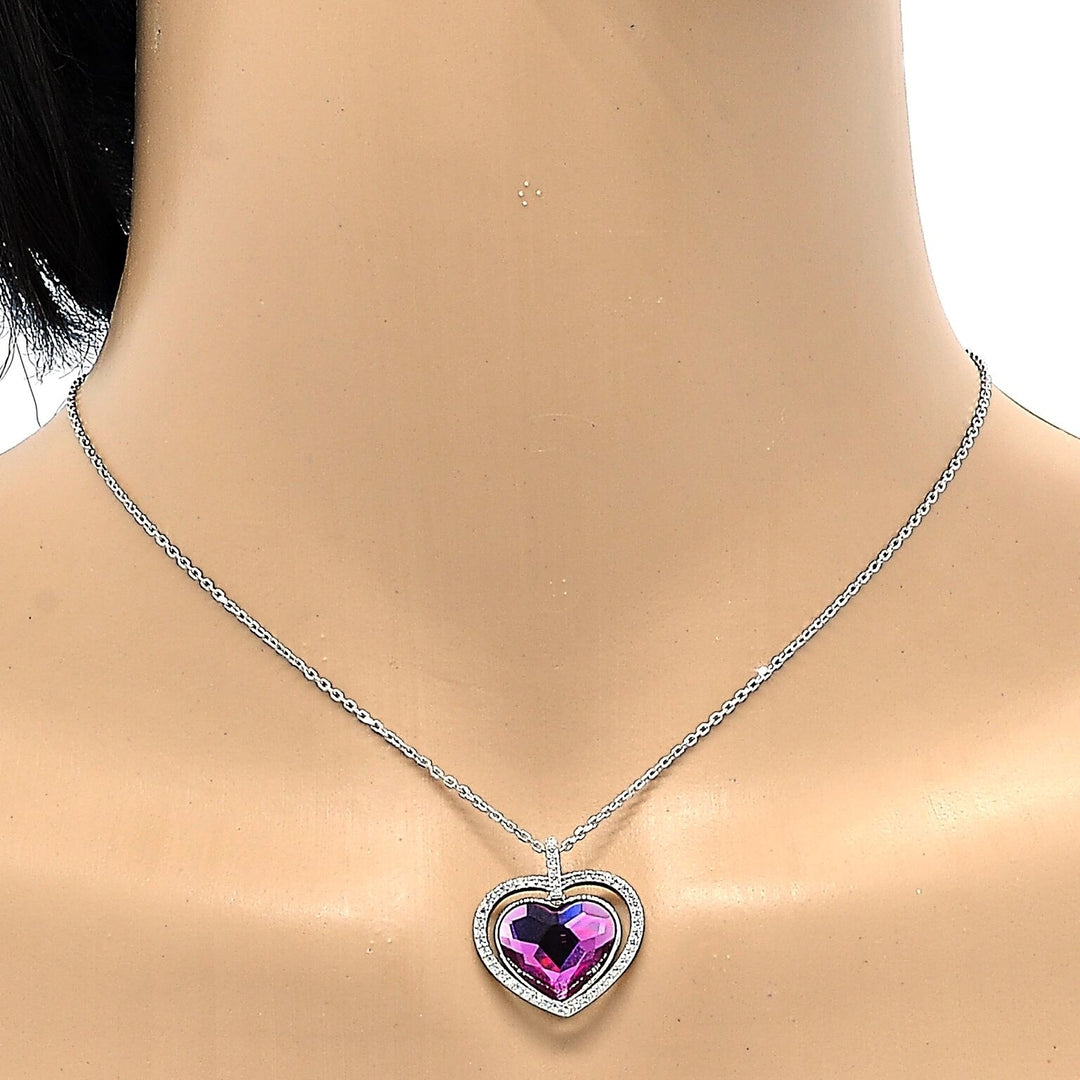 Rhodium Filled High Polish Finsh  Fancy NecklaceHeart Designwith  Crystals and Micro PaveRhodium Tone Image 3