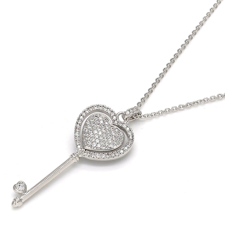 Sterling Silver Fancy Necklace key and Heart Design with Crystals and Micro Pave Rhodium Tone Image 1