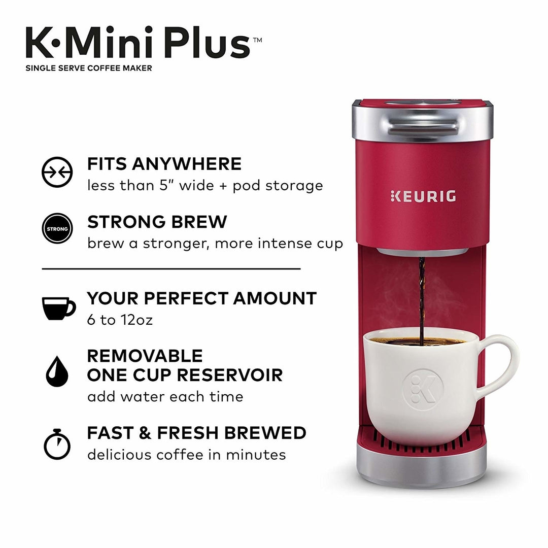 Keurig K-Mini Plus Single Serve K-Cup Pod Coffee Maker with 6 to 12oz Brew Size Stores up to 9 K-Cup Pods Cardinal Red Image 1