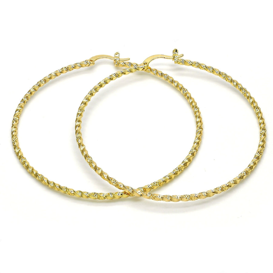 GOLD Filled High Polish Finsh GOLD THIN ELEGANT FANCY Twist HOOP EARRING WITH DIAMOND CUT 60MM Image 1