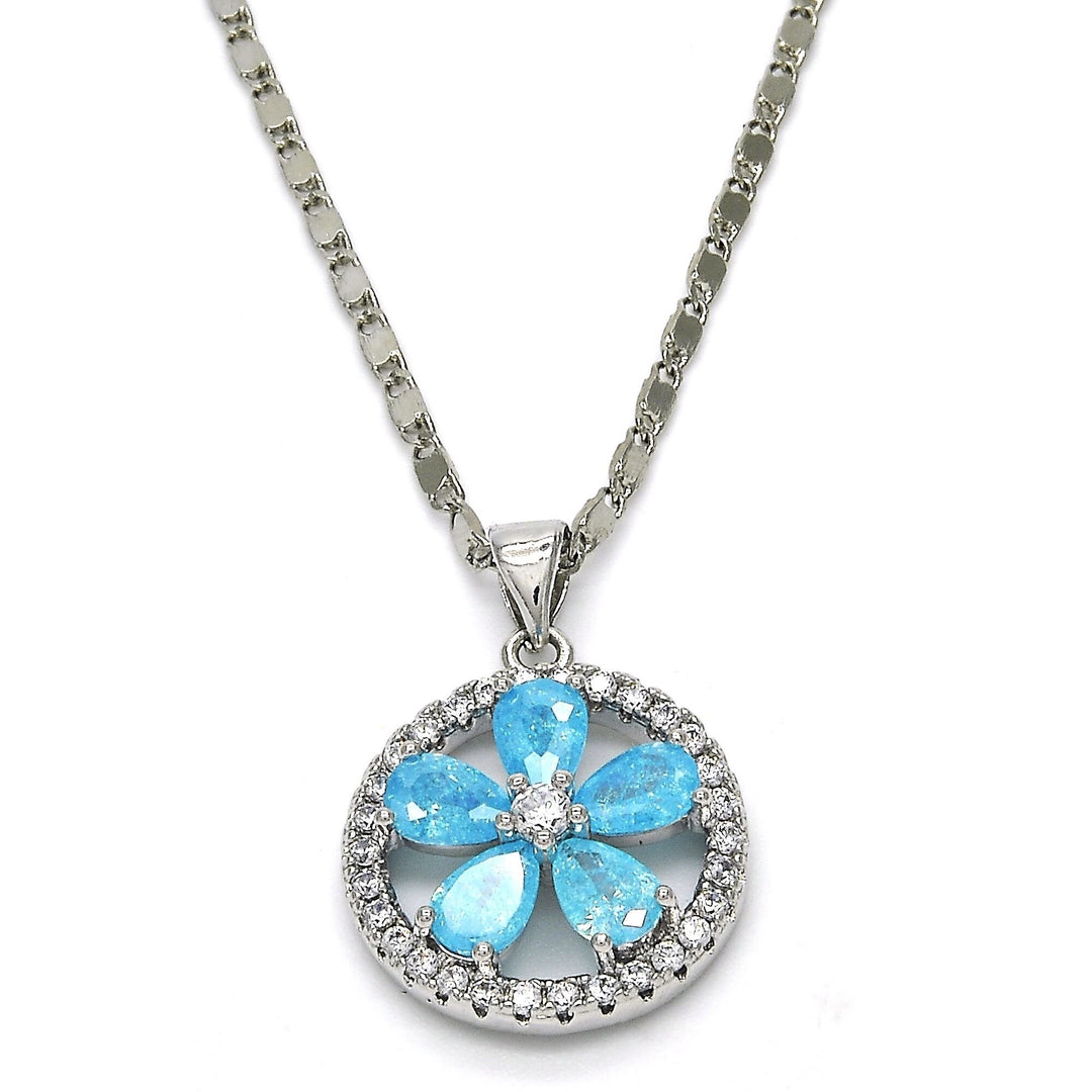 Rhodium Filled High Polish Finsh Aquamarine Crystal and Cubic Zirconia Statement Chain Pendant Image 1