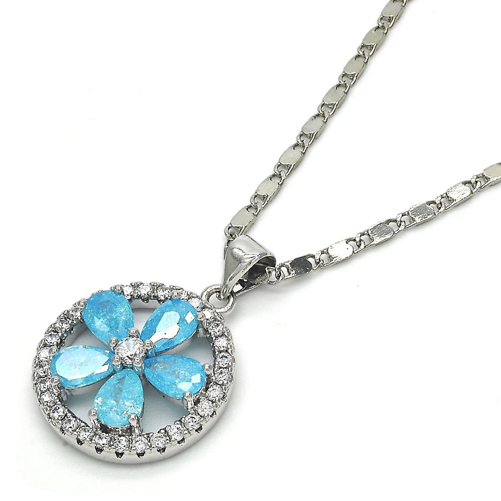 Rhodium Filled High Polish Finsh Aquamarine Crystal and Cubic Zirconia Statement Chain Pendant Image 2