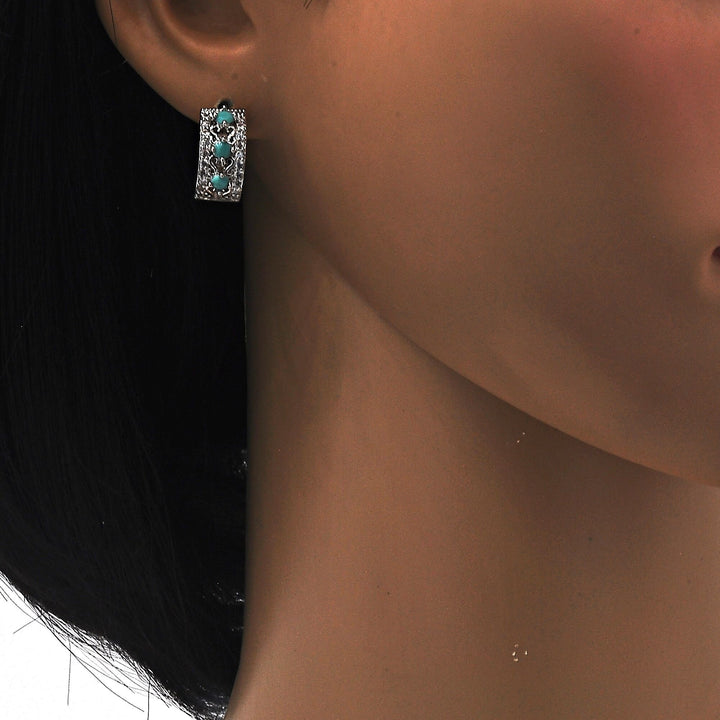 RHODIUM Filled High Polish Finsh LAB CREATED Turquoise EARRINGS Image 3