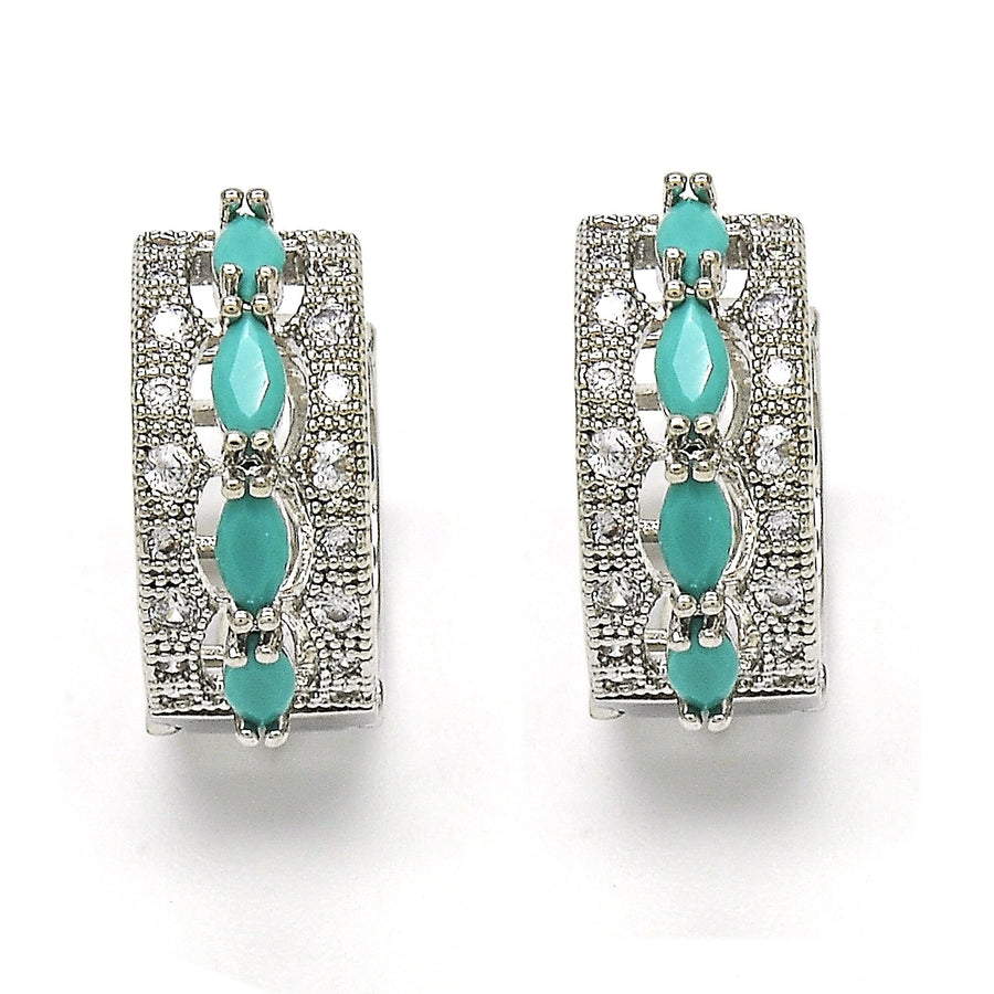 RHODIUM Filled High Polish Finsh LAB CREATED TURQUOISE OVAL EARRINGS Image 1