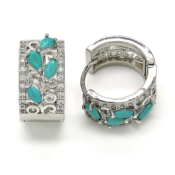 Rhodium Filled High Polish Finsh Huggie Hoop Teardrop TURQUOISE and Leaf Design with Cubic Zirconia Rhodium Tone Image 2