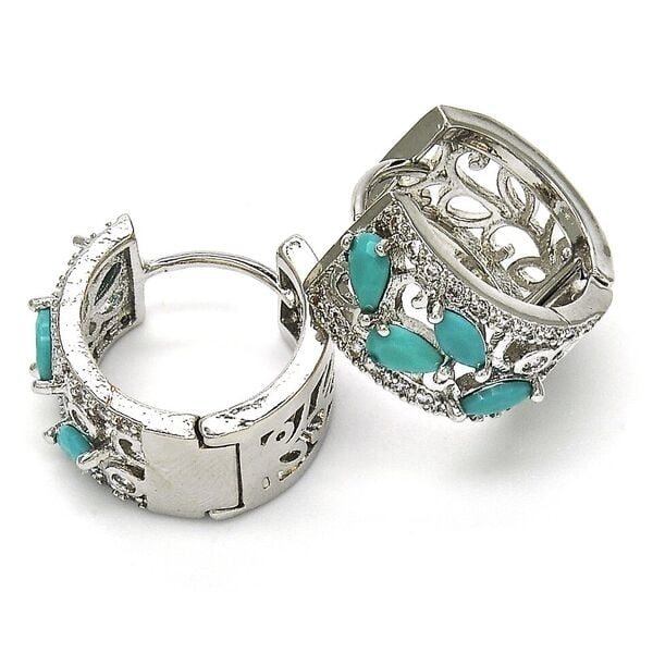 Rhodium Filled High Polish Finsh Huggie Hoop Teardrop TURQUOISE and Leaf Design with Cubic Zirconia Rhodium Tone Image 3