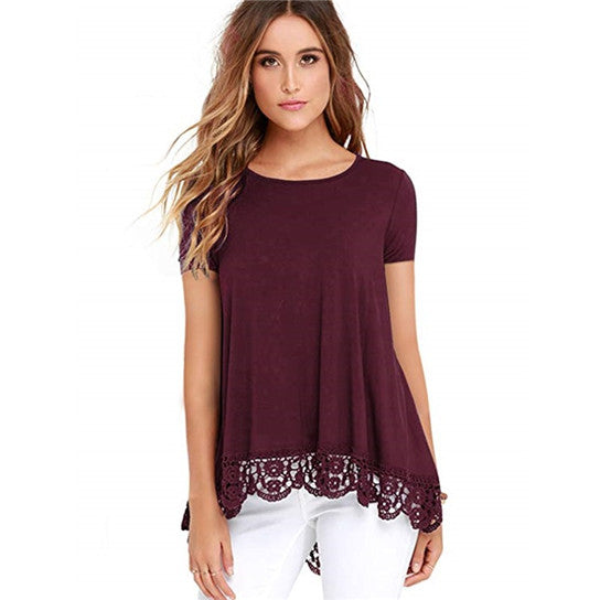 Lace Trim O-Neck A-Line Tunic Blouse Image 1