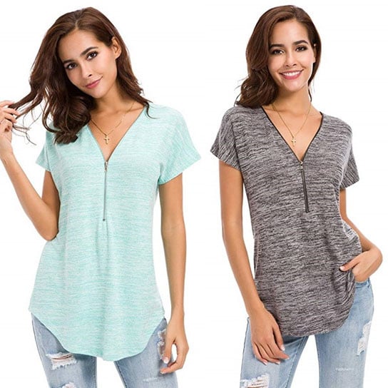 Zip Up Closure V Neck Shirt Image 1