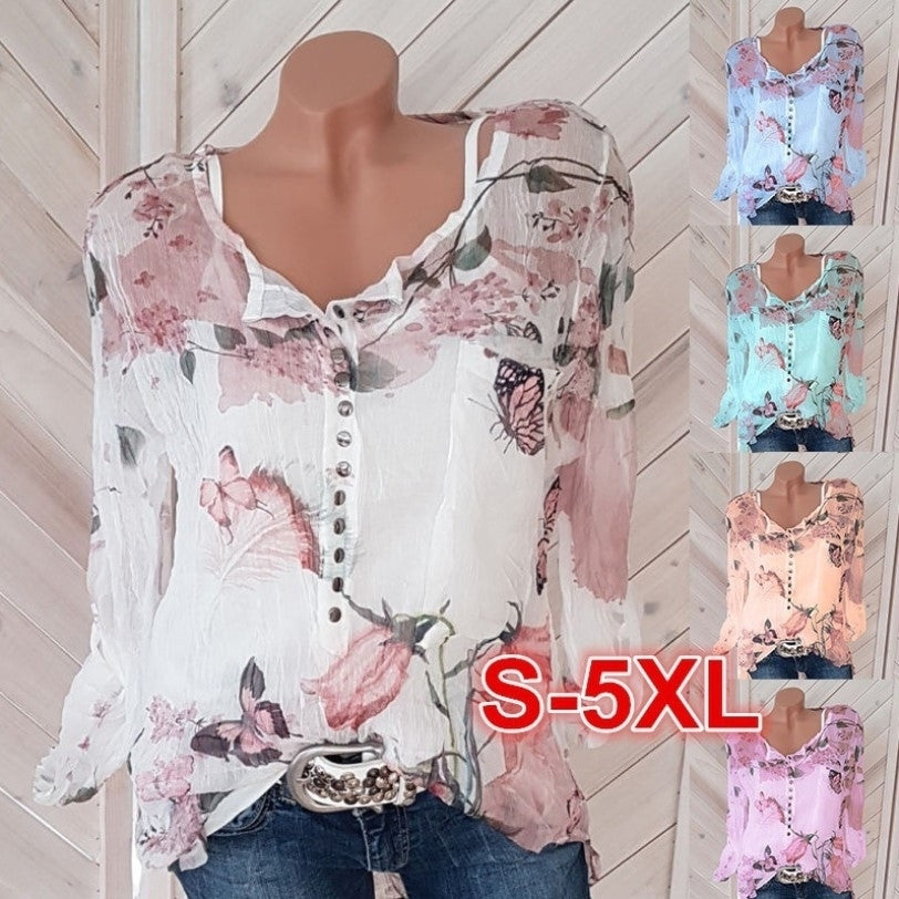 Floral Printed Button  Chiffon T-Shirt Image 1