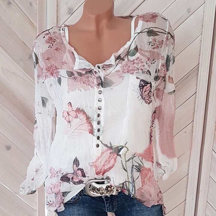 Floral Printed Button  Chiffon T-Shirt Image 2