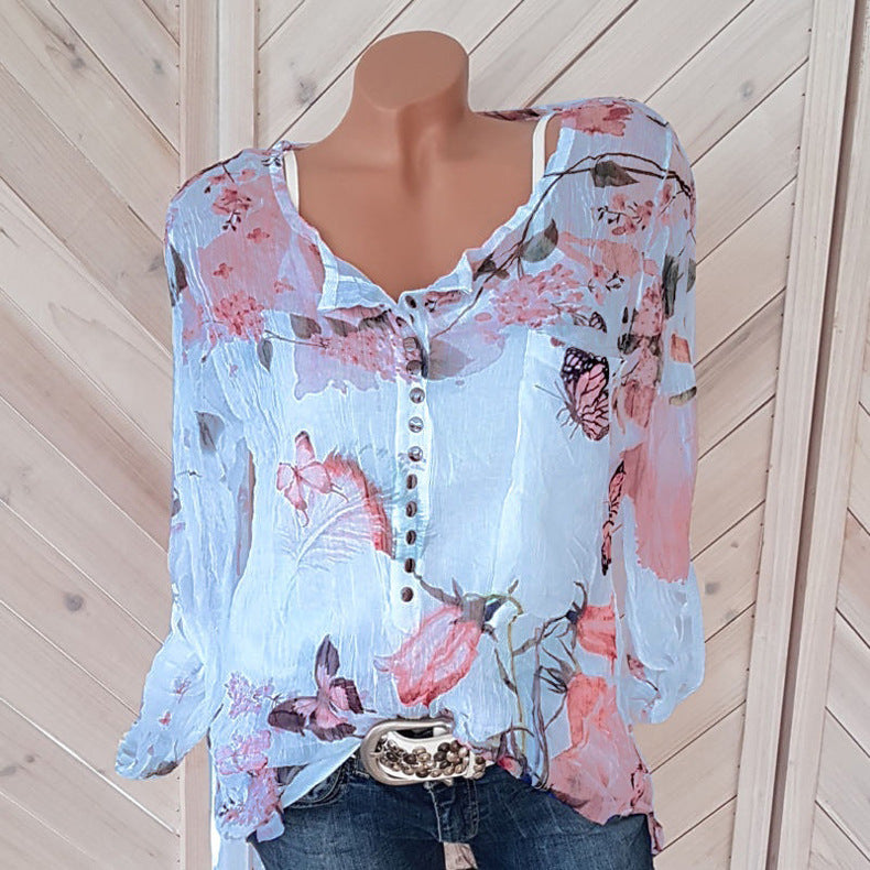 Floral Printed Button  Chiffon T-Shirt Image 4