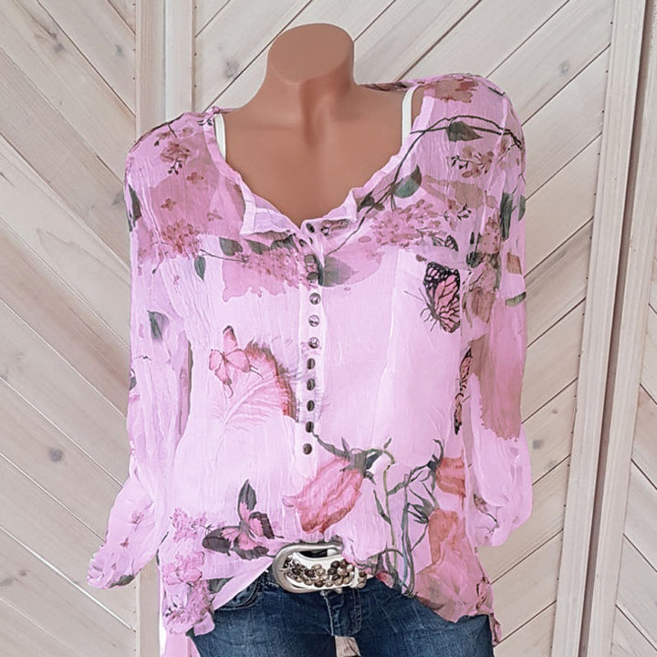 Floral Printed Button  Chiffon T-Shirt Image 4