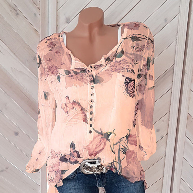 Floral Printed Button  Chiffon T-Shirt Image 6