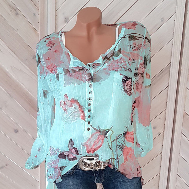 Floral Printed Button  Chiffon T-Shirt Image 7