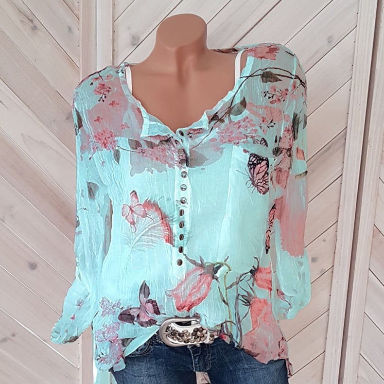 Floral Printed Button  Chiffon T-Shirt Image 1