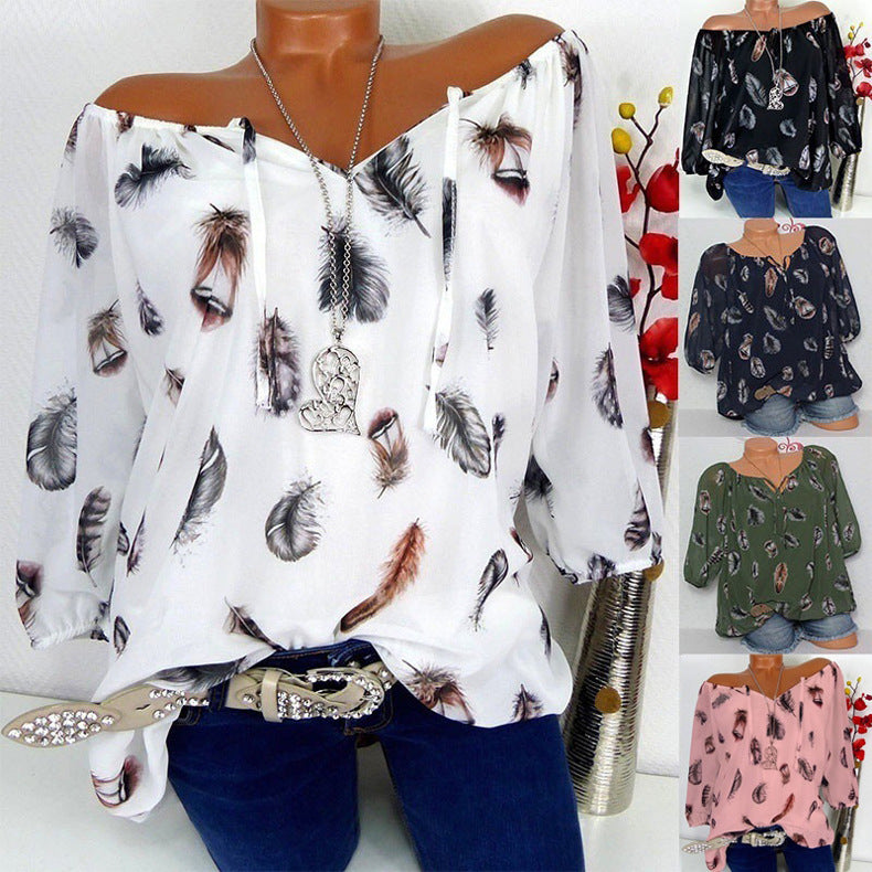 Half Sleeve Feather Print Blouse Image 1