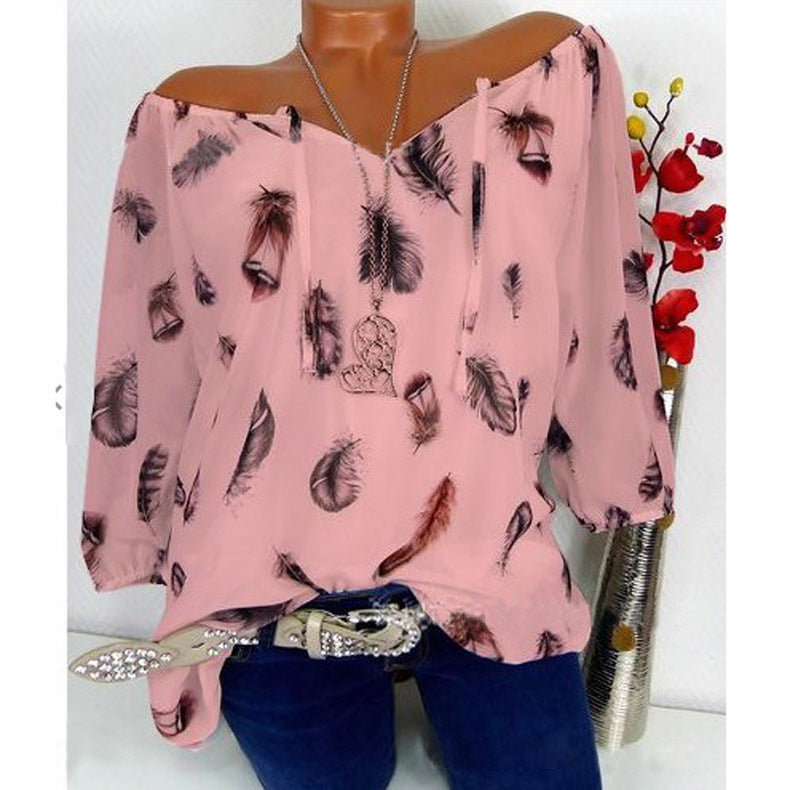 Half Sleeve Feather Print Blouse Image 2