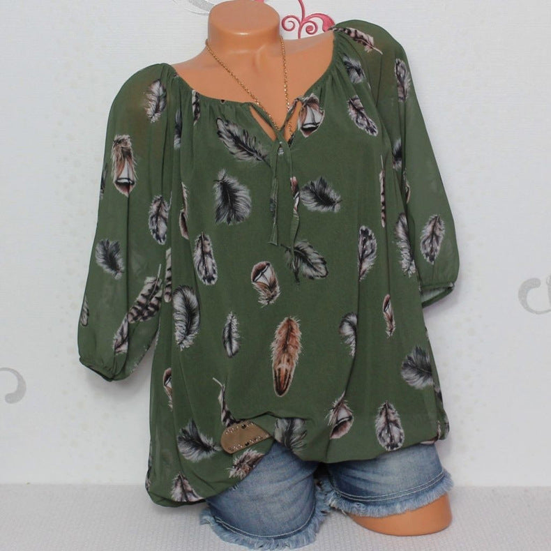 Half Sleeve Feather Print Blouse Image 4