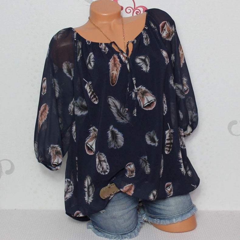 Half Sleeve Feather Print Blouse Image 4