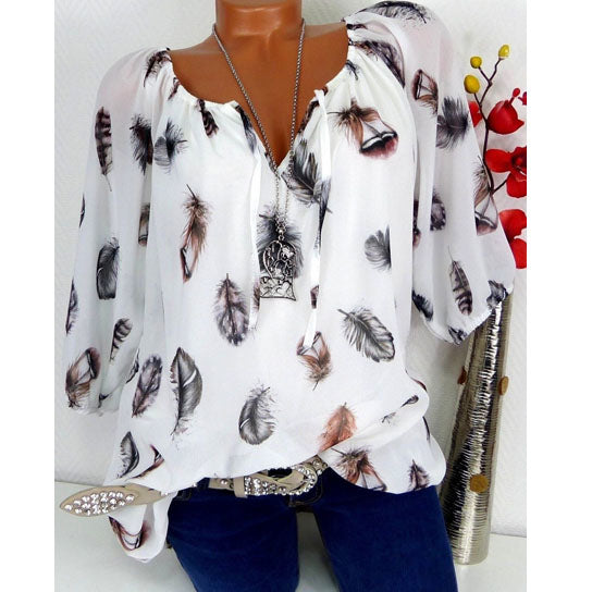 Half Sleeve Feather Print Blouse Image 7