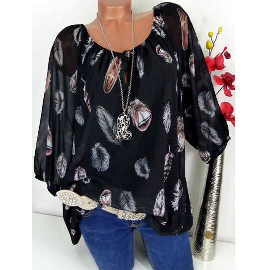 Half Sleeve Feather Print Blouse Image 10