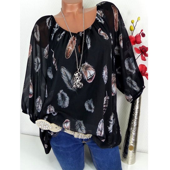 Half Sleeve Feather Print Blouse Image 1