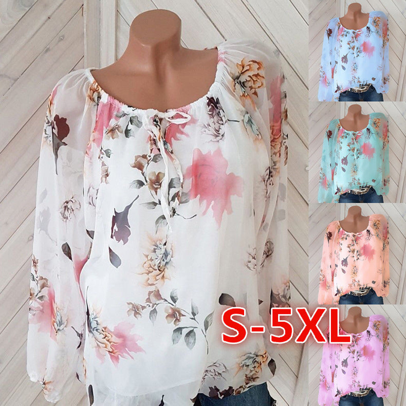 Drawstring Neckline Floral Blouse Image 1