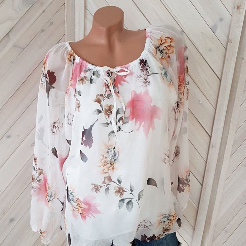 Drawstring Neckline Floral Blouse Image 1