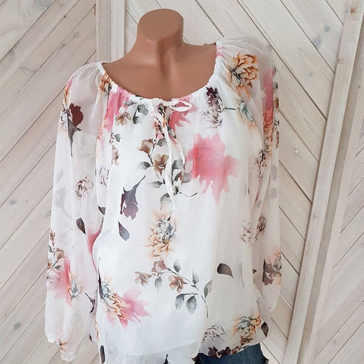 Drawstring Neckline Floral Blouse Image 1