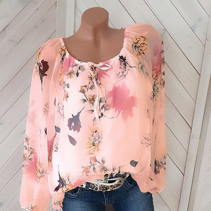 Drawstring Neckline Floral Blouse Image 4