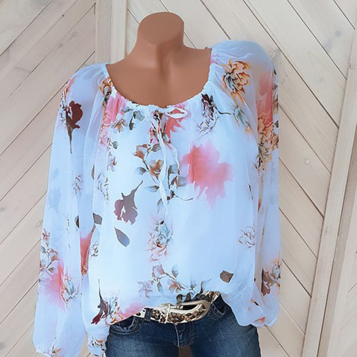 Drawstring Neckline Floral Blouse Image 4