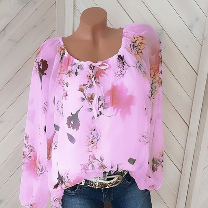 Drawstring Neckline Floral Blouse Image 6