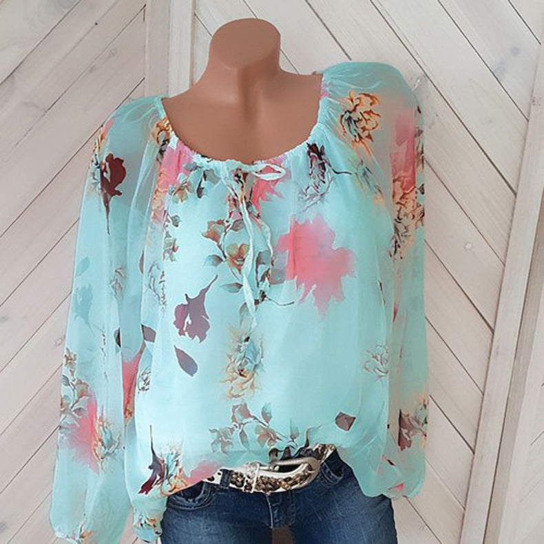 Drawstring Neckline Floral Blouse Image 7