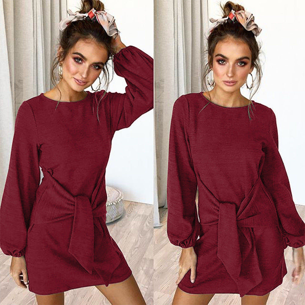 2-color Lace-up Sexy Long-sleeved Dress Image 2