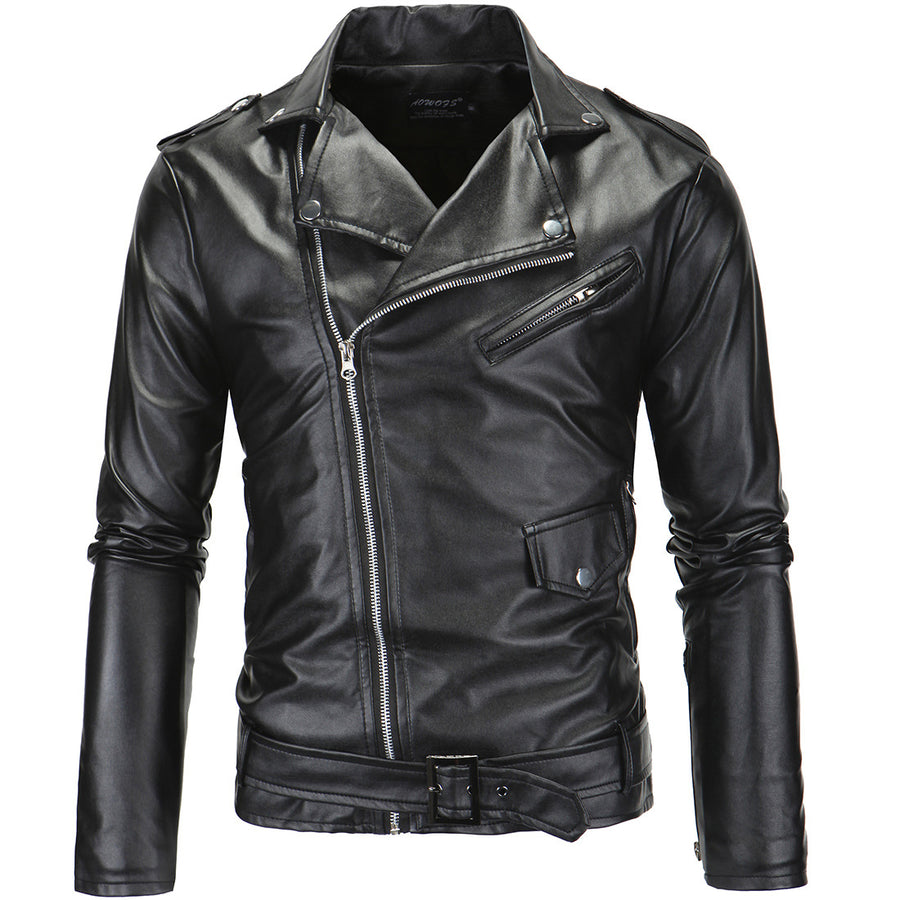 Stand Collar Cut Diagonal Zip Leather Jacket Image 1