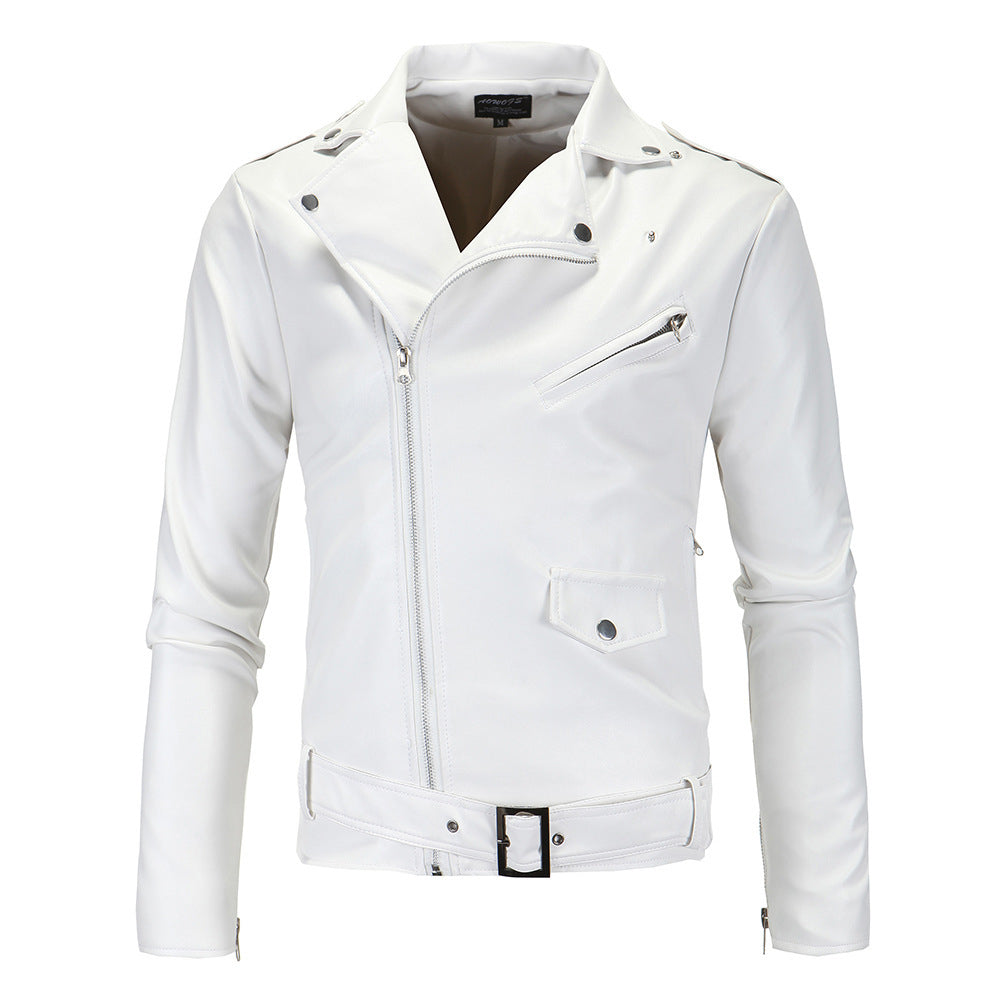 Stand Collar Cut Diagonal Zip Leather Jacket Image 2