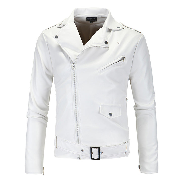 Stand Collar Cut Diagonal Zip Leather Jacket Image 1